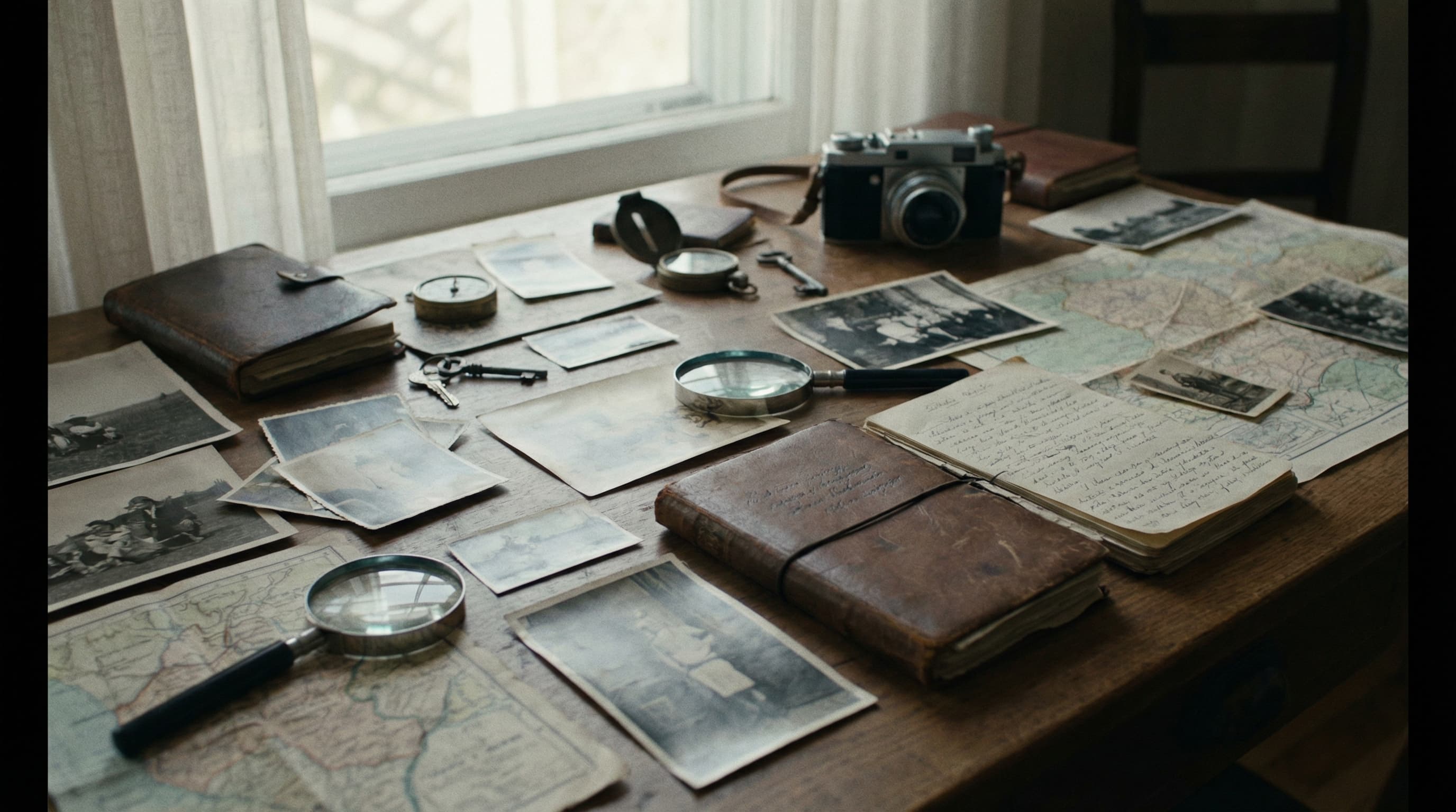 Archival materials spread across a research table