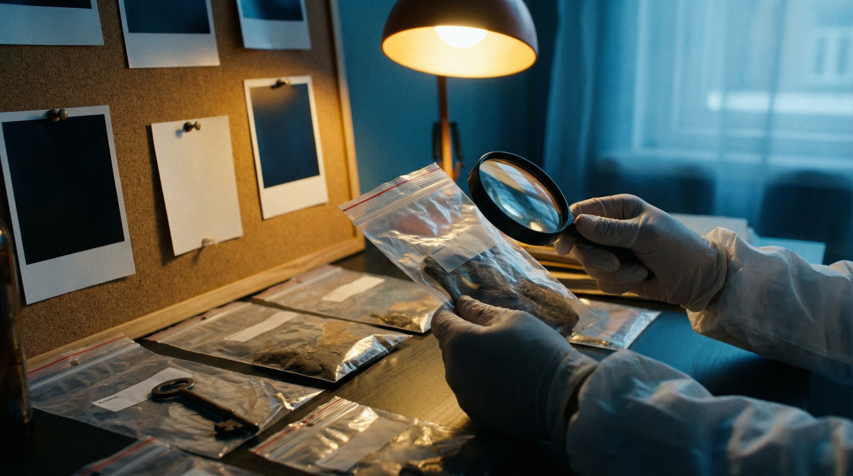 Evidence desk with magnifying glass and case files
