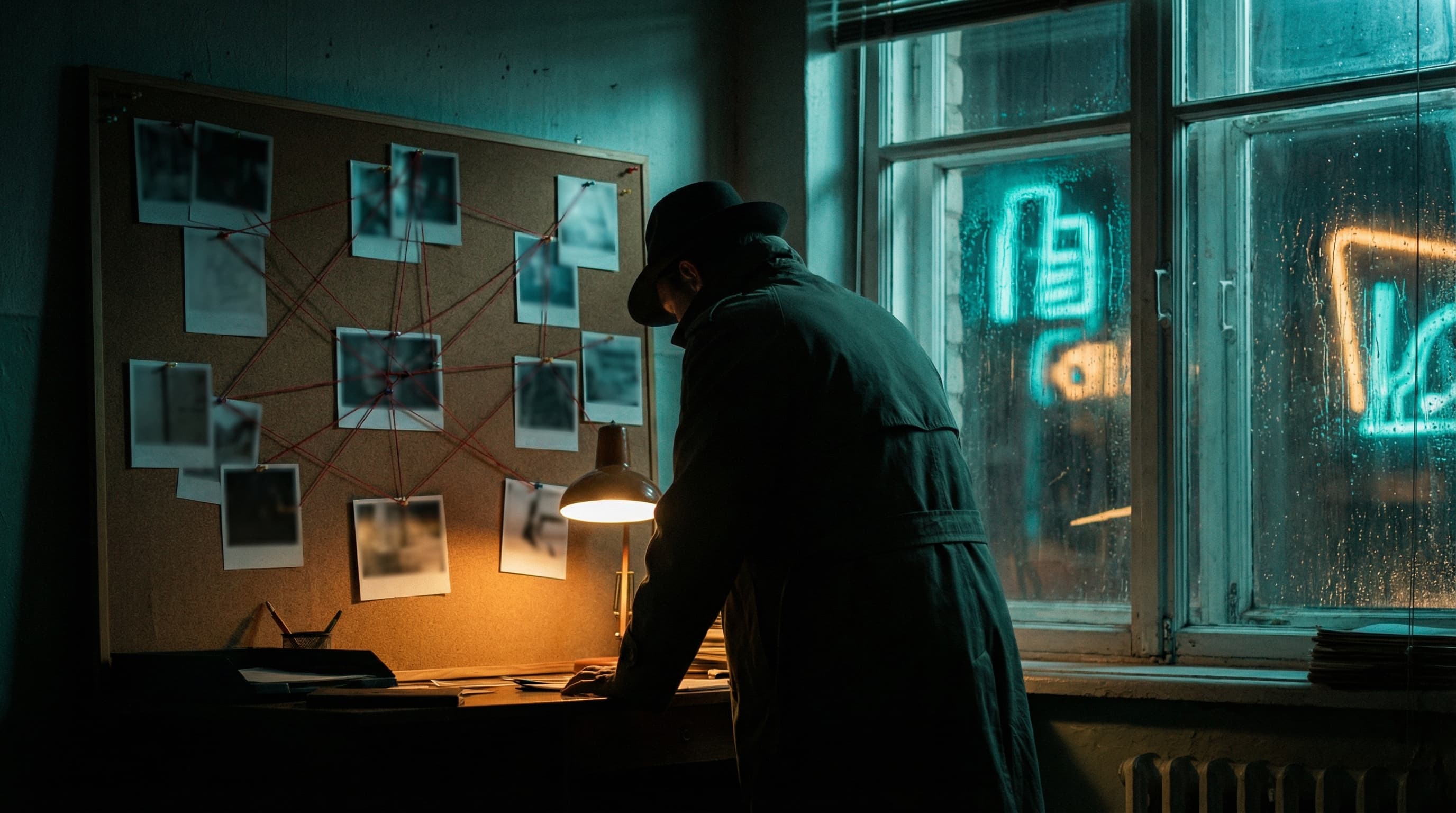 Moody mystery scene with evidence board and noir lighting