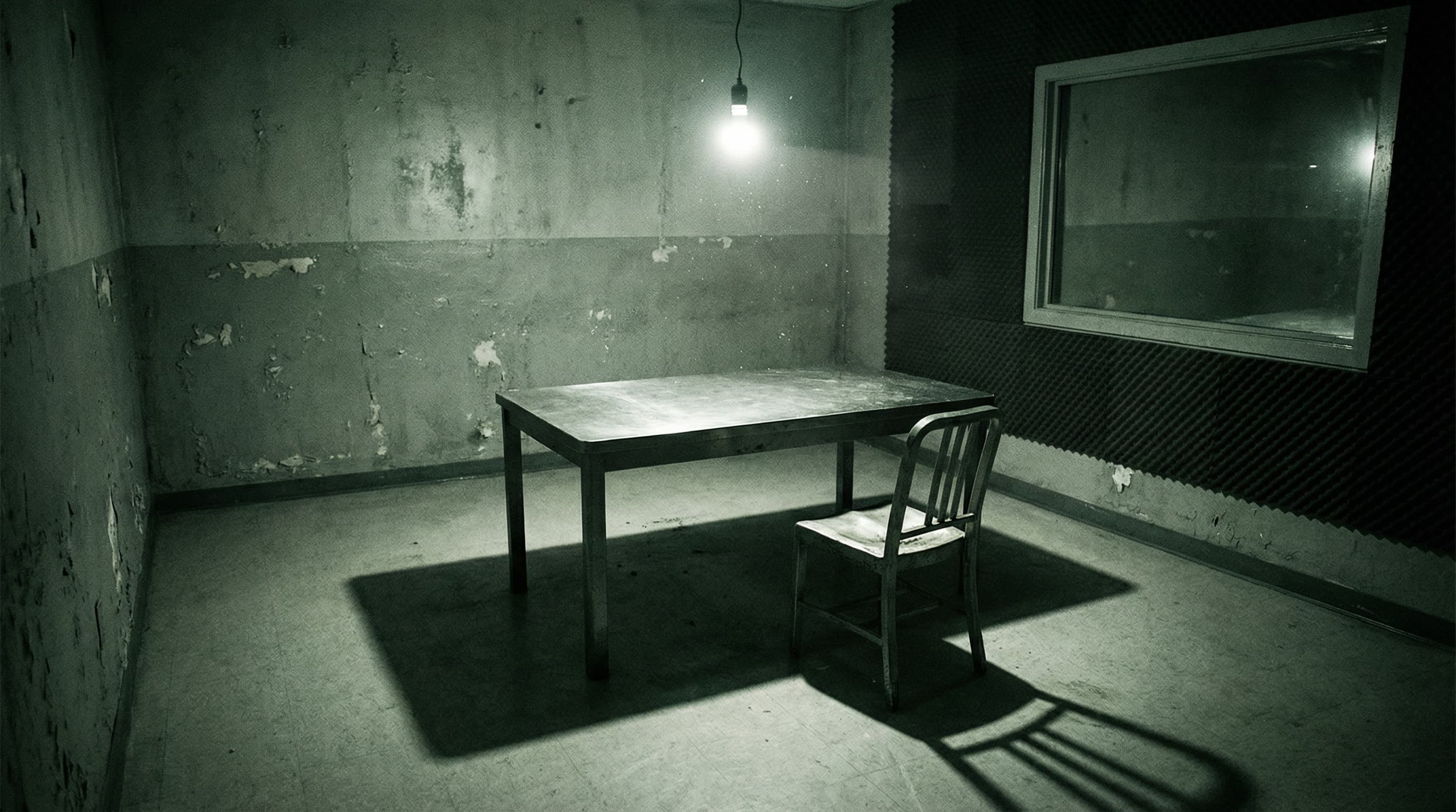 Empty interrogation room with harsh overhead light