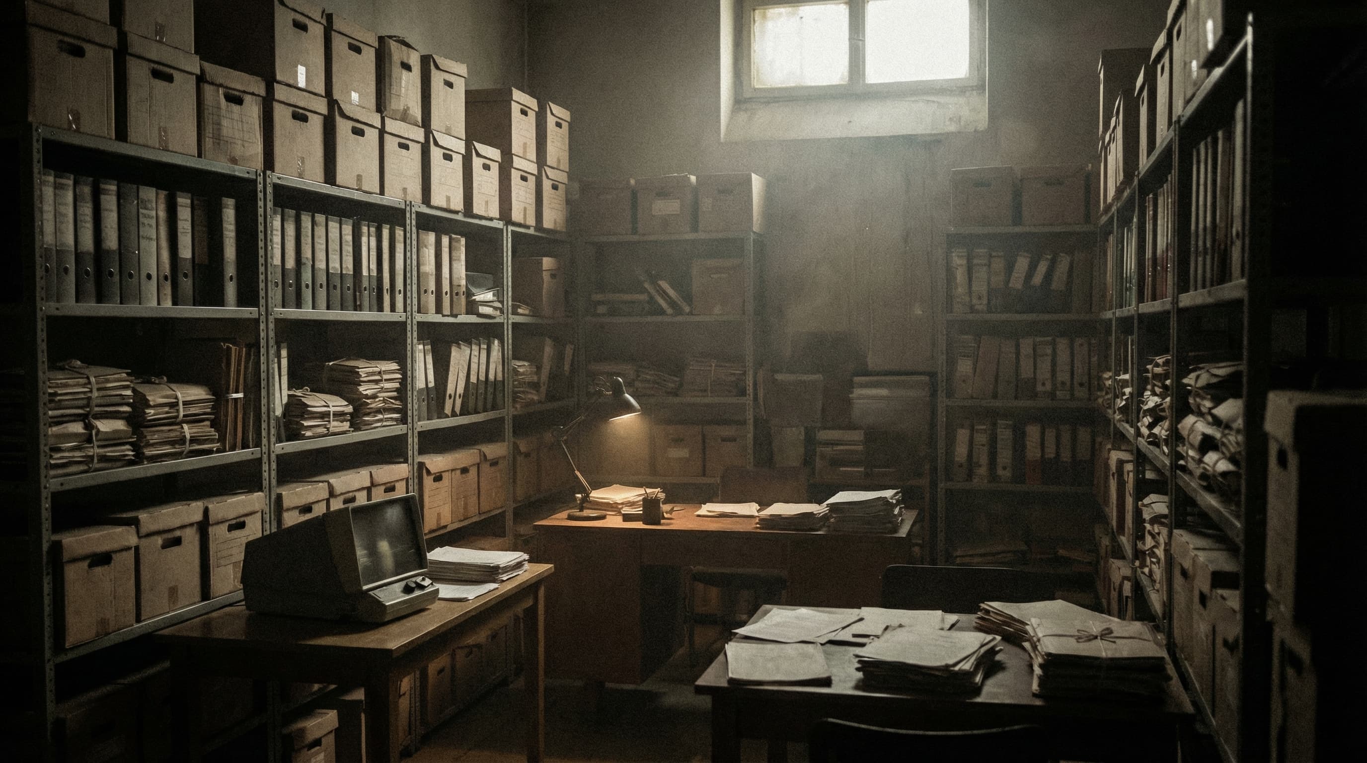 Archive room with case boxes and file shelves