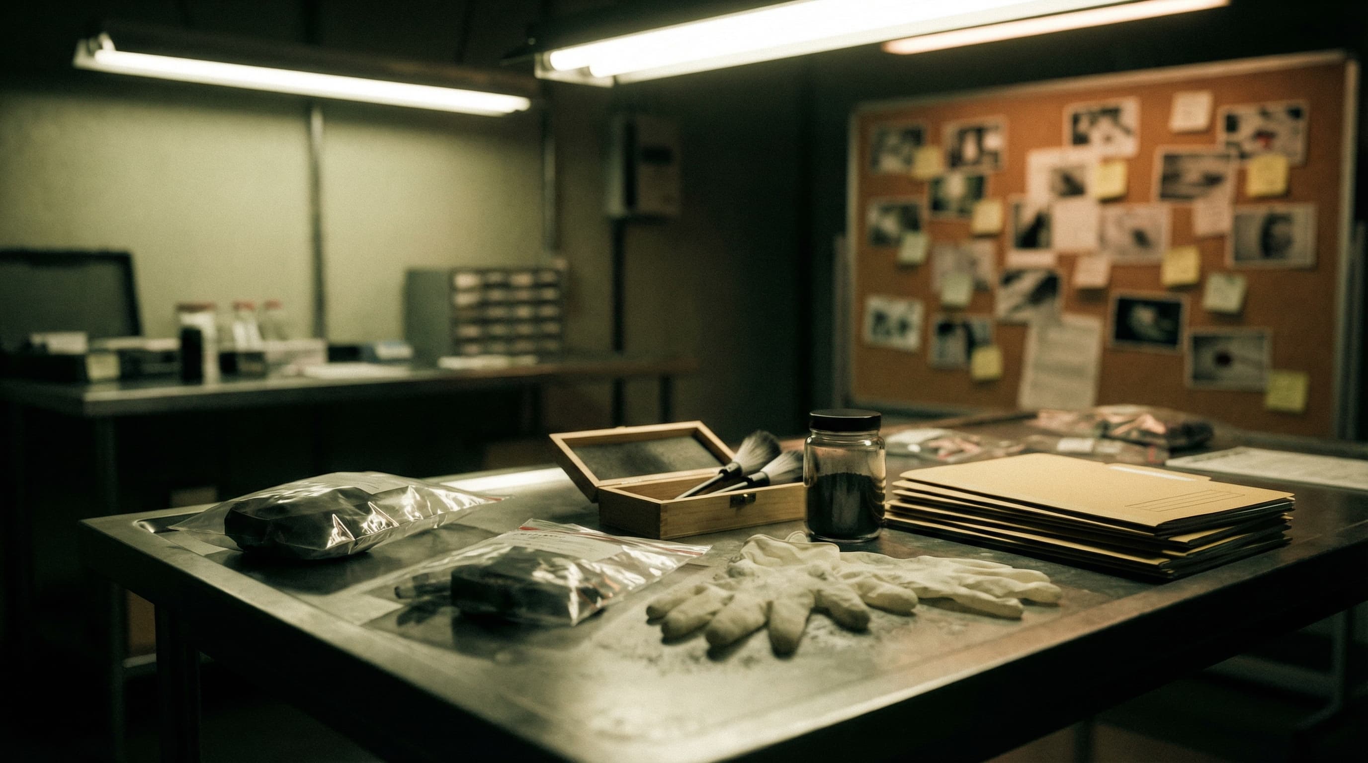 True crime evidence desk with forensic lighting